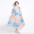 Original in stock | 2024 Spring new contrasting ethnic style retro stand up collar lantern sleeve printed dress