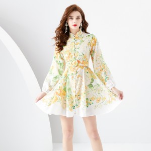 Early Spring 2024- Retro Palace Style Stand up Collar Lantern Sleeve Stand up Cut Waist Wide Swing Printed Short Mini Dress