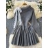 One shoulder lapel bow tie tied long sleeved knitted dress for women in autumn, pure desire to fold waist sweater, pleated short skirt