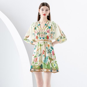 2024 Early Spring - Vacation style V-neck pleated lantern sleeves retro painted printed mini dress