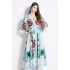 Original in stock | 2024 early spring V-neck ethnic style long sleeved printed waist lace up long dress