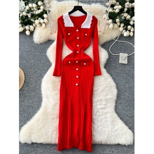 Xiaoxiang style high-end retro contrasting color lapel long sleeved metal buckle slim fit and slimming temperament vertical knit dress