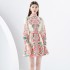 2024- Early Spring Palace Vacation Style Stand up Collar Lantern Sleeve Wide Skirt Shrink Fold Mini Printed Skirt