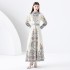 Early Spring 2024- Palace Style Flip Collar Single Front Lantern Sleeve Retro Printed Long Dress