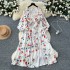 French forest retro floral dress for women in autumn 2024, waist cinched, V-neck, lantern sleeves, slit, large swing, long skirt