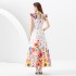 2023 Autumn Palace Vacation Style Standing Collar Lantern Sleeve Wide Skirt Shrink Fold Long Printed Skirt