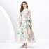 2024 Spring/Summer - Vacation style retro stand up collar single breasted printed wide swing long dress