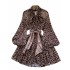 European and American style niche western-style dress, women's fashionable scarf tie, waist cinching lantern sleeve, leopard print mesh A-line short skirt