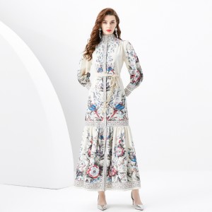 2024 Spring/Summer - Palace style stand up collar lantern sleeves wave side length retro printed dress