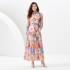 2024 Spring/Summer Vacation Style Standing Collar Lantern Sleeve Wave Edge Printed Dress