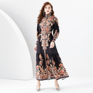 2024 Early Spring - Palace style stand up collar lantern sleeve wave side length retro printed dress