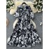 High end slimming dress 2024 autumn new item European and American niche V-neck strap lantern sleeve waist cinching floral skirt