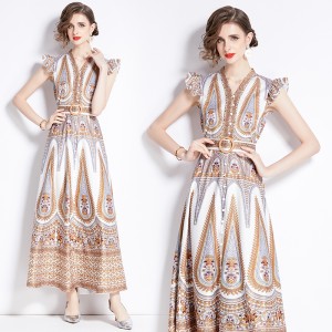 Original in stock | 2024 early spring new retro ethnic style printed small fly sleeves big swing dress for women