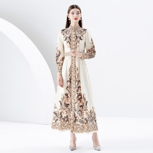 2024 Early Spring - Vacation style stand up collar lantern sleeves wave side length printed dress