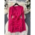 Feminine sexy dress 2024 autumn socialite temperament V-neck pleated waist slimming long sleeved lace base skirt