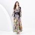 2024 Spring/Summer - Retro Deep V-neck Lantern Sleeve Wave Edge Wide Swing Painted Printed Long Dress