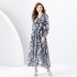 2024 Early Spring - Vacation style V-neck lantern sleeves wave side length retro printed dress two-piece set