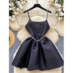 Hepburn style small dress for women, French luxury, socialite, heavy industry, diamond studded waist, fluffy suspender, satin dress