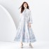 2024 Early Spring - Palace style stand up collar flared sleeve single placket printed long lace dress