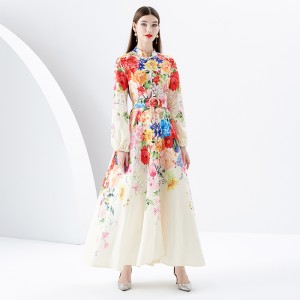 2024 Early Spring - Vacation style stand up collar single breasted palace style printed wide swing long dress