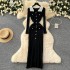 Xiaoxiang style high-end retro contrasting color lapel long sleeved metal buckle slim fit and slimming temperament vertical knit dress