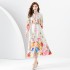 2024 Early Spring - Vacation Style Flip Collar Lantern Sleeve Retro Painted Printed Mini Dress