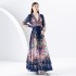 Early Spring 2024- Retro Deep V-neck Lantern Sleeve Wave Edge Wide Swing Printed Long Dress