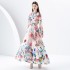 2024 Early Spring - Vacation style stand up collar single breasted palace style printed wide swing long dress