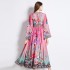 Original in stock | 2024 early spring vacation style temperament design sense V-neck printed long sleeved waist cinching dress