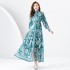 2024 Early Spring - Vacation style stand up collar lantern sleeves wave side length retro printed dress