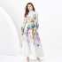 2024 Spring/Summer - Vacation style stand up collar single breasted palace style printed wide swing long dress