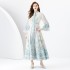 2024 Early Spring - Palace style stand up collar flared sleeve single placket printed long lace dress