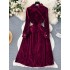 Long sleeved velvet dress for women, autumn new style, French retro Hepburn style, with a single breasted lapel and waist cinching, long skirt with a large swing