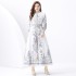 2024 Vacation - Palace style stand up collar lantern sleeve single placket printed long lace dress