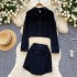 Korean fashion versatile polo collar long sleeved short top+high waisted single breasted irregular skirt two-piece set