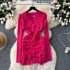 Feminine sexy dress 2024 autumn socialite temperament V-neck pleated waist slimming long sleeved lace base skirt