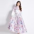 Original in stock | 2024 spring new satin retro stand up collar lantern sleeve printed dress