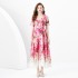 2024 Spring/Summer - Vacation Style Suit Collar Short Sleeve Wide Swing Wave Edge Square Scarf Printed Long Dress