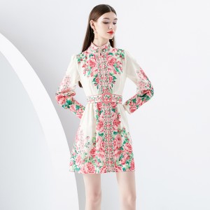 2024- Early Spring Palace Vacation Style Stand up Collar Lantern Sleeve Wide Skirt Shrink Fold Mini Printed Skirt