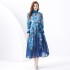 2024 Vacation - Countryside style stand up collar lantern sleeves wave side length retro printed dress two-piece set