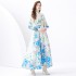 2024 Vacation - Rural style retro stand up collar single breasted printed wide swing long dress