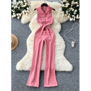 Hong Kong style retro chic internet celebrity with the same design sense, strap up waist for slimming effect, metal buckle denim jeans jumpsuit