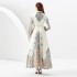 2024- Early Spring Vacation Style Stand up Collar Single breasted Palace Style Retro Printed Wide Swing Long Dress