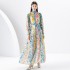 2024 Early Spring - Vacation style stand up collar lantern sleeves wave side length colorful printed dress