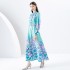 2024 Early Spring Season Wave Edge Wide Skirt Long Retro Watercolor Printed Dress