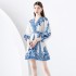 2024- Early season vacation style V-neck pleated lantern sleeves retro printed mini dress