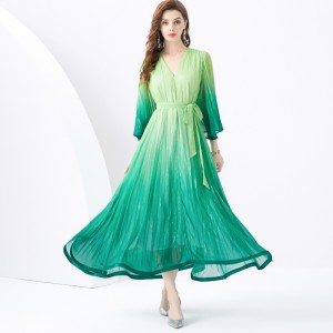 2024 Vacation - Vacation style V-neck flared sleeve pleated wave side length gradient printed dress