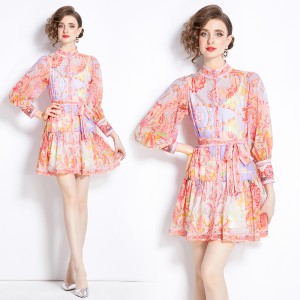 Original in stock | 2024 spring/summer ethnic style retro stand up collar lantern sleeve printed dress