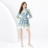 2024 Spring/Summer - Vacation Style V-neck Lantern Sleeve Wave Edge Mini Retro Printed Dress