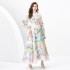 2024 Spring/Summer - Vacation style retro stand up collar single breasted printed wide swing long dress